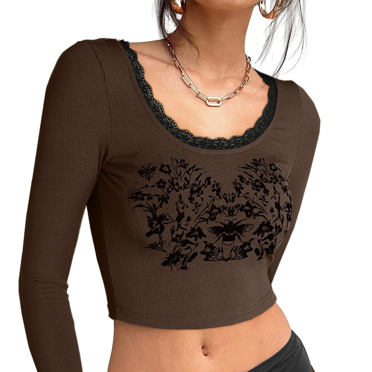 Crop Top manga larga color café y negro talla M (Nuevo)